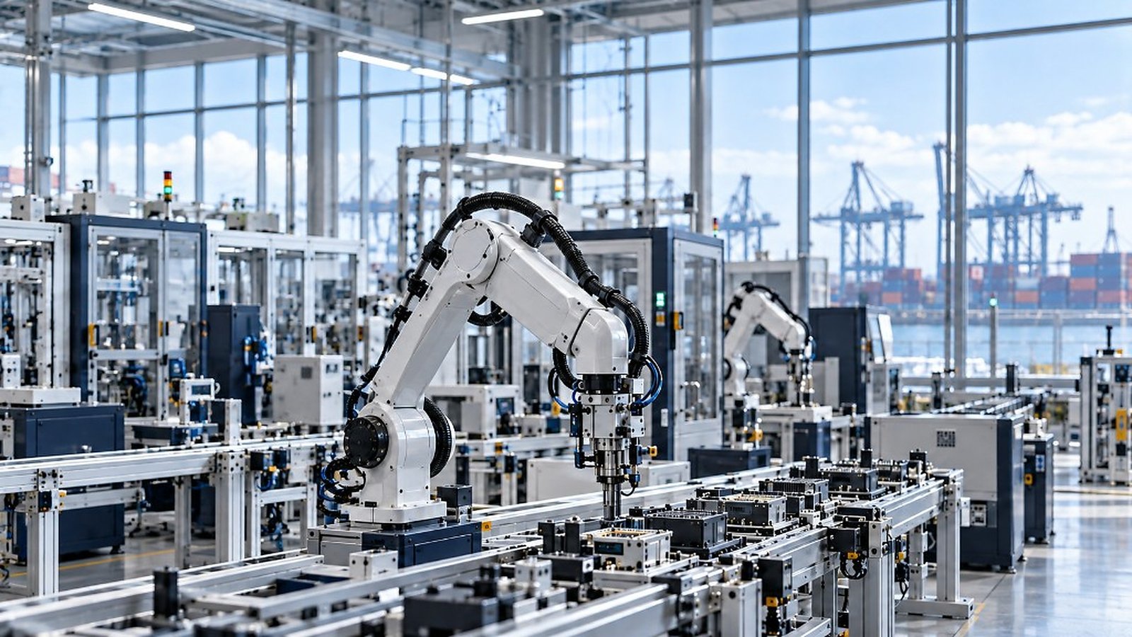 Liman manzaralı modern üretim tesisinde endüstriyel robot kolu ve otomasyon hattı
